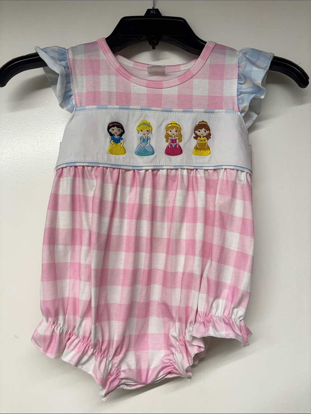 Pink and White Gingham Baby Romper with Princess Embroidery